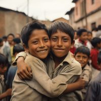 two boys hugging one another in a crowd of people, in the style of mesoamerican influences, rangefinder lens, serene faces, light brown and red, group f/64, villagecore, quadratura --ar 64:43 Job ID: 38c4fe3c-ff69-478c-b6c1-3a50f71883b6